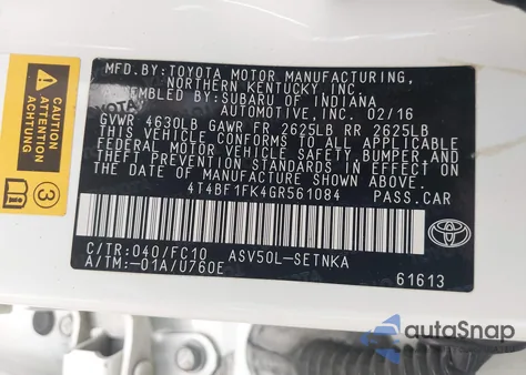 2016 Toyota Camry Le из США, поврежденный, VIN 4T4BF1FK4GR561084